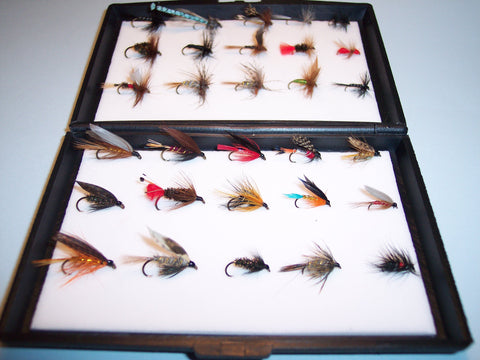 15 DRY & 15 WET Single Trout FLIES in a free Plastic Fly Box Ideal GIFT from FLYMAKERS