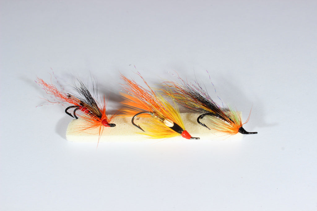 SET OF 3 DOUBLE LOW WATER HAIR WING SALMON FLIES, 1 ALLY'S , 1 CASCADE, 1 FIREFLY